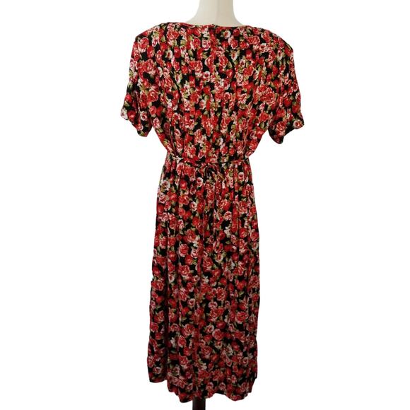J.B.S Ltd Red Black Green Floral Tie Waist Vintage Midi Dress Very Good Size 12 - Picture 3 of 4